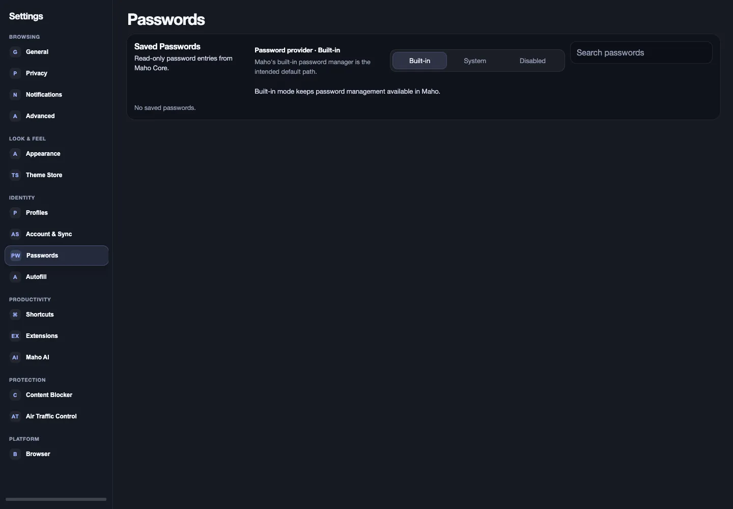 Maho Browser settings showing the built-in password manager and provider controls.