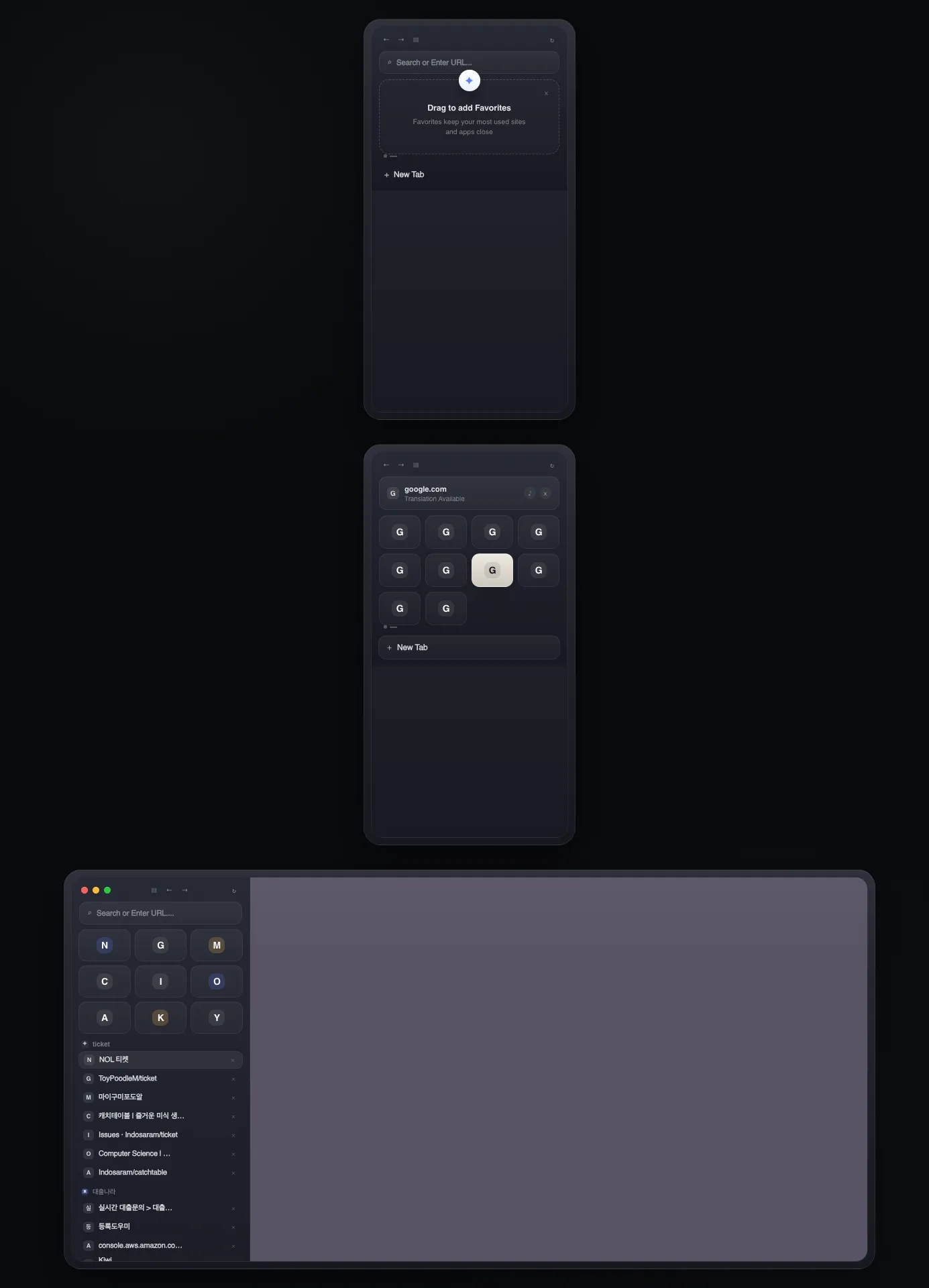 Maho Browser interface showing a sidebar with multiple Spaces for organizing projects, AI conversation thread, and split-view tabs