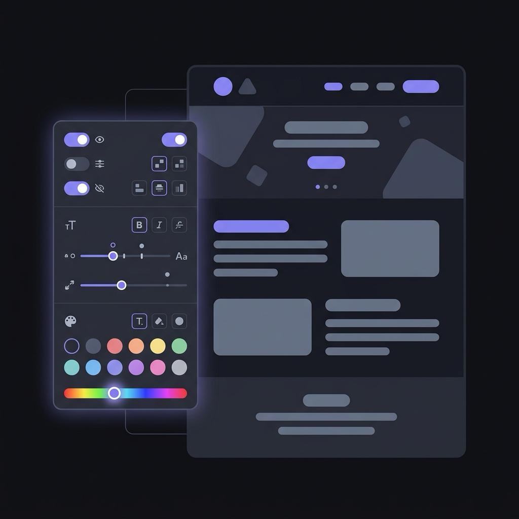 A visual settings panel with clean toggles, font selection menus, and range sliders that adjust page styles without code
