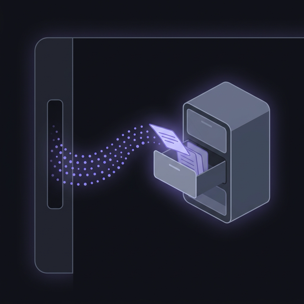 An open drawer with papers sliding out of sight into an archive slot