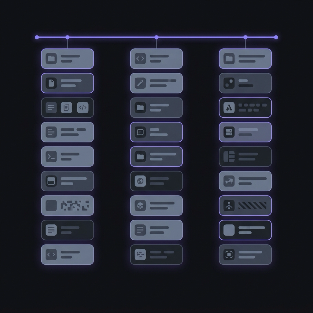 Three neat columns of stacked cards connected by a subtle glowing rail